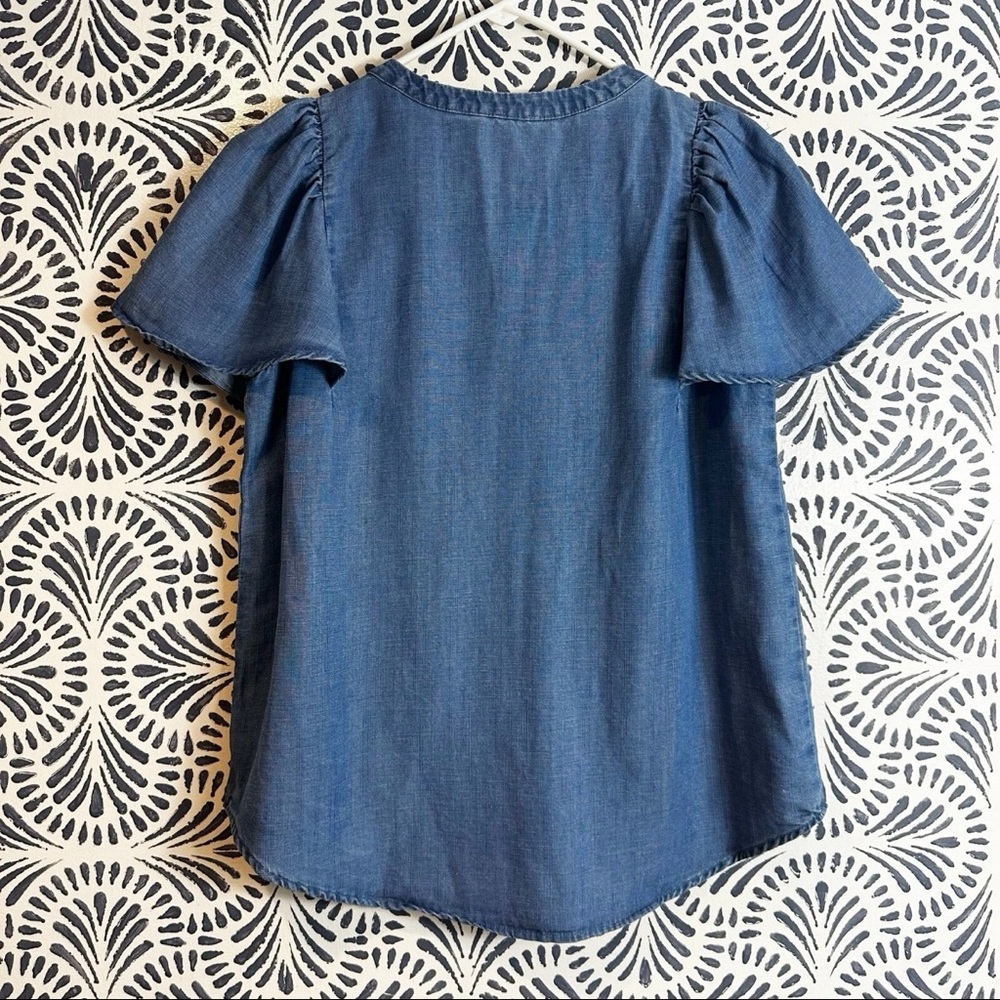 LOFT Chambray Lyocell Linen Blend Flutter Sleeve Blouse - Picture 7 of 10